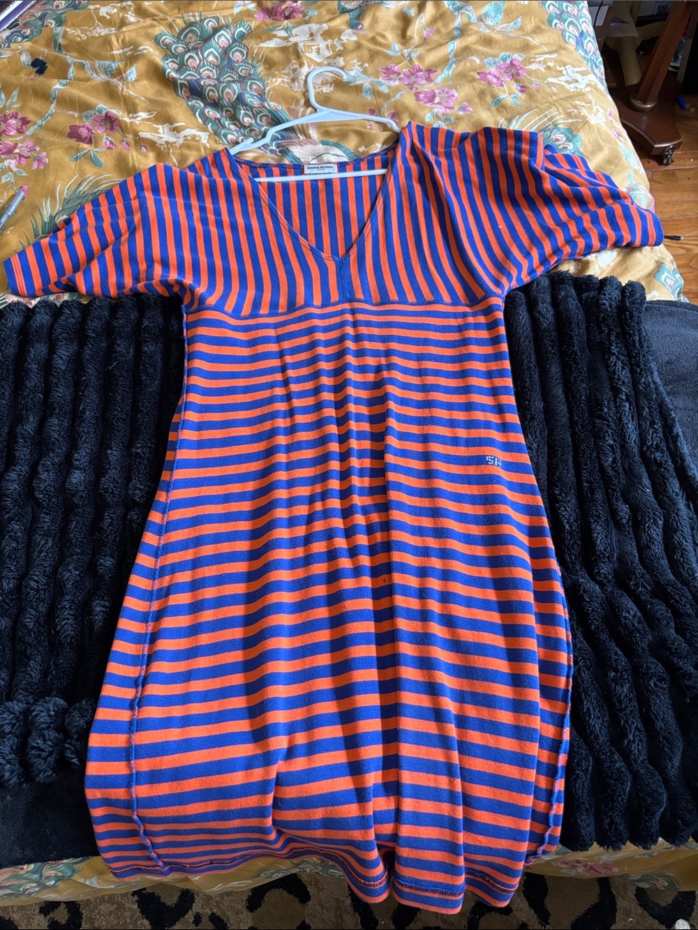 Sonia Rykiel Blue and Orange Striped V-Neck Dress